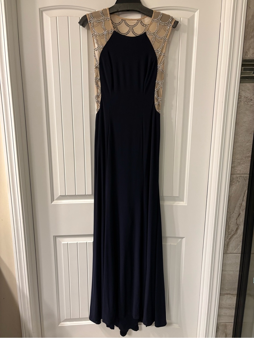 Navy Evening Gown with Beaded Illusion Shoulders